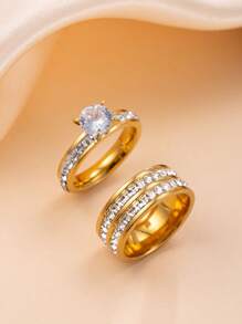 2 Stücke/Set einfache 4MM Zirkonia Dekor Edelstahl Ring für Frauen