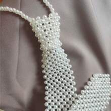 Pearl Tie Woven Hollow Bead Scarf Scarf, Neck Decoration Collar, Retro Matching Shirt Hollow Fake Collar Accessory Korean Style Draweye Pearls Tie Long Necklace Choker Hyperbole Crystal Neck Tie