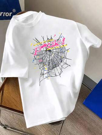 Tween Casual Simple Spider Web Pink Short-Sleeved T-Shirt For Boys And Girls, Suitable For Summer