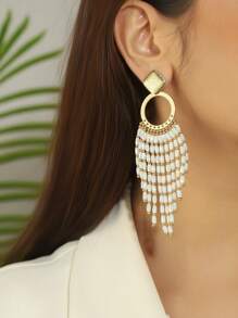 1 par de pendientes colgantes con borlas y pedrería de estilo bohemio oversize, adecuados para la playa, el casual, las fiestas y ocasiones formales