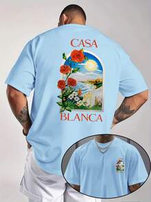 Camiseta Casual de Manga Corta para Hombre - Impresión Gráfica de Casa Blanca con Motivo Floral y Paisajístico, Verde Brillante, Ajuste Regular para Actividades al Aire Libre en Verano, Telas Cómodas - Negro - Ver 8