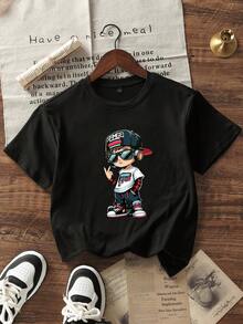Boys & Teen Students' Casual Graphic Print Round Neck Short Sleeve T-Shirt, Summer Top - Black - View 3