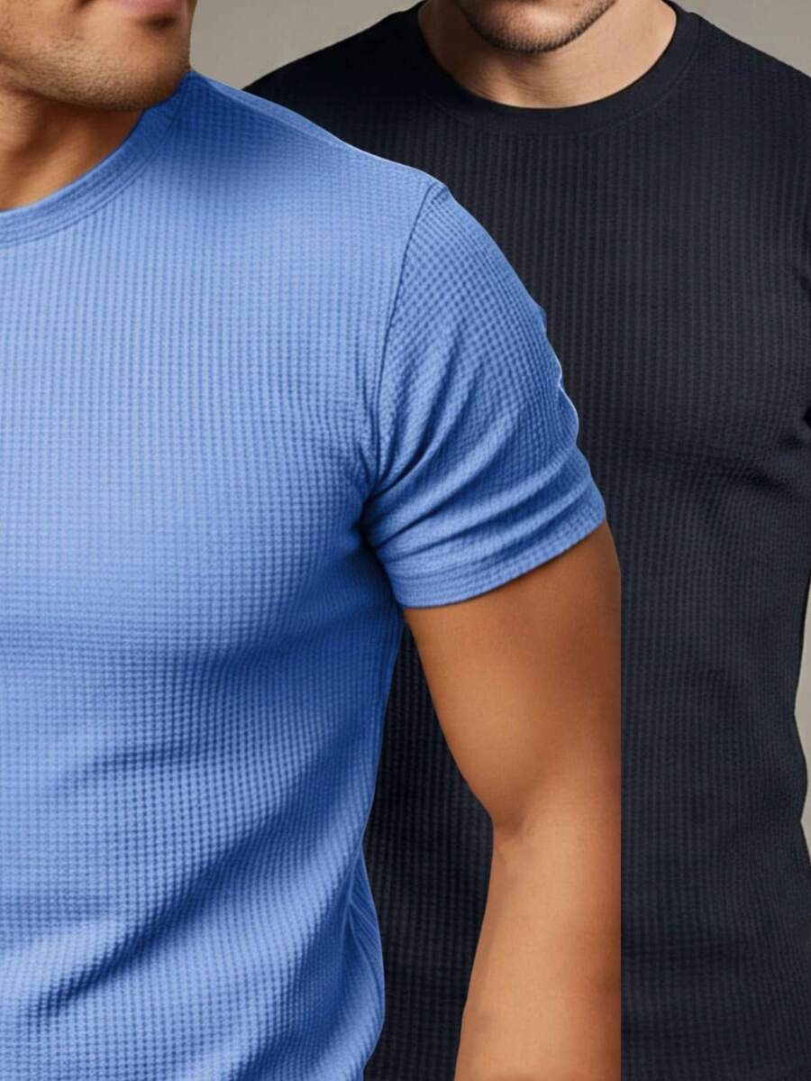 Kit 2 Basic Casual Textured T-Shirt Straight Textured Premium Mesh - Jeans Hitam dan Biru - View 1