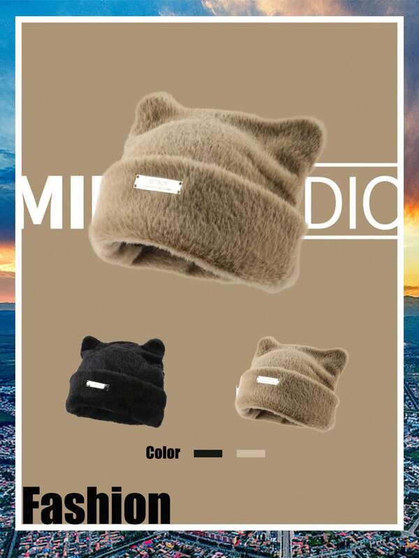 1pc Korean Style Cute Cat Ear Design Fluffy Knit Beanie Hat, Fashionable & Versatile Autumn Accessories