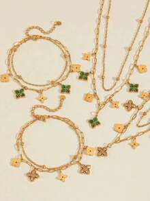 TONSI 1 Set Elegant Charming Personalized Luxury Vintage Western Minimalist Fashionable High-End Stainless Steel Cubic Zirconia 18K Gold Plated Four-Leaf Clover Floral Diamond Jewelry Set, Suitable For Summer, Holidays, Travel, Work, Daily Wear, Parties, Gatherings For Women - Multicolor - View 8