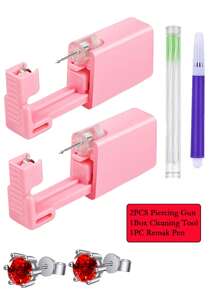 Kit de pistola de perfuração de orelha rosa, 1 peça/4 peças, brincos de cristal de coroa, descartáveis, assépticos, domésticos, portáteis, conjunto de ferramentas de perfuração de orelha com ferramenta de limpeza de furo de orelha e caneta de observação