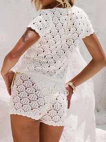 Womens Short Sleeve See Through Button T Shirts With Shorts Set Two Piece Kint Outfits - trắng - Xem 4