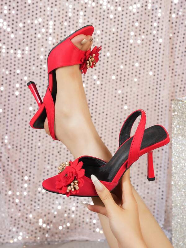Women's High Heels Stilettos Sandals, Fashionable Sexy Floral Design Elegant Bowknot Red Wedding Shoes, Summer