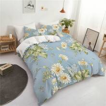 Conjunto de ropa de cama estilo pastoral (1*Funda nórdica + 1/2*Funda de almohada, sin relleno), Conjunto de ropa de cama con estampado de margaritas azules frescas, Suave, cómodo y transpirable, Conjunto de ropa de cama de microfibra lavable para dormitorios y habitaciones de invitados