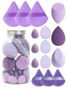 Set de 15 piezas de esponjas de maquillaje con recipiente de almacenamiento que incluye 3 esponjas de maquillaje, 3 esponjas de maquillaje mini, 3 borlas de polvos grandes, 3 borlas de polvos mini y 3 cojines de dedo mini.