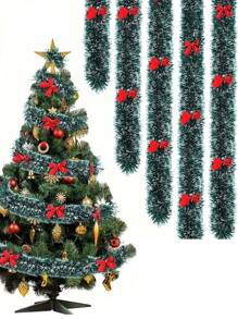 7pcs/1pc Christmas Tinsel Garland, Dark Green Frost Tip Metallic Garland With 6/12pcs Red Bows, Artificial Xmas Garland For Home Indoor Outdoor Christmas Tree Decoration, Holiday Wedding Party Supplies