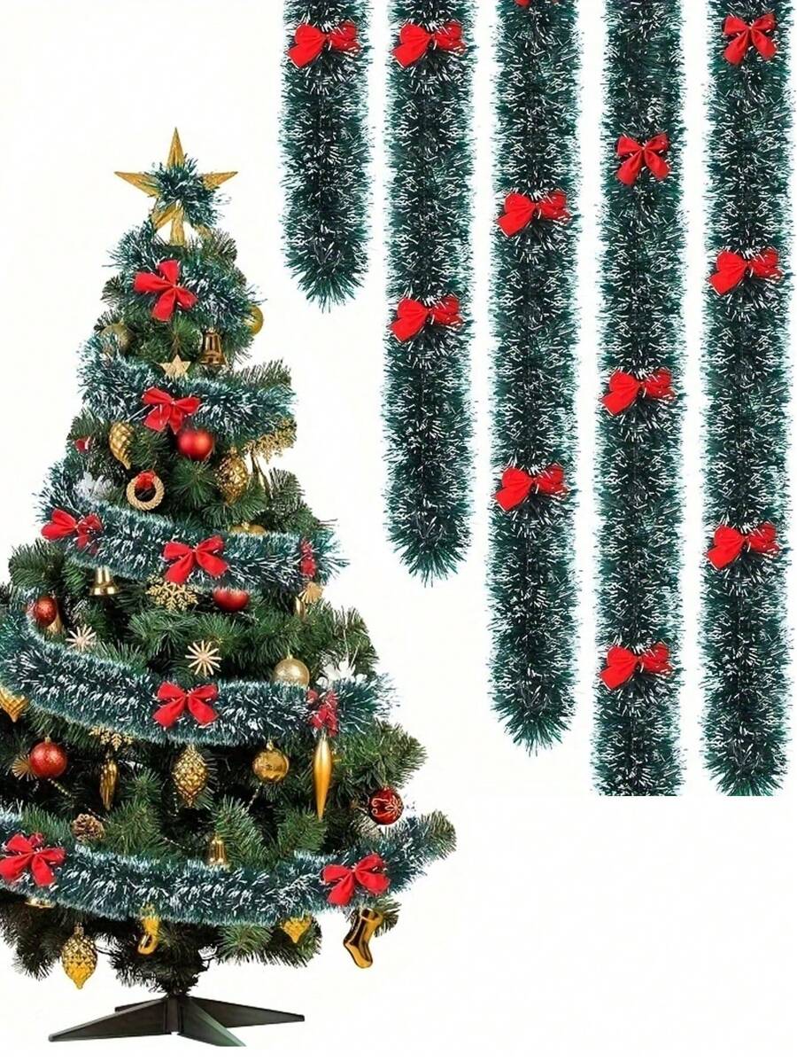 7pcs/1pc Christmas Tinsel Garland, Dark Green Frost Tip Metallic Garland With 6/12pcs Red Bows, Artificial Xmas Garland For Home Indoor Outdoor Christmas Tree Decoration, Holiday Wedding Party Supplies