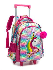 3 件可爱亮片滚动背包，适合男孩和女孩，适合小学背包，带午餐袋和笔袋，是送给男孩和女孩返校的最佳礼物（铅笔盒上的图案将随机发货） - 玫紅1048T - 查看 4