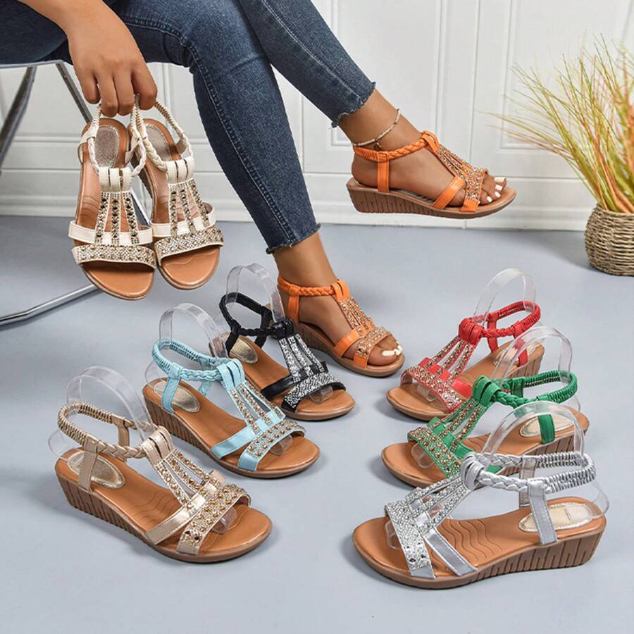 Simia Rhinestone Roman Sandals Summer New Korean Fashion Peep Toe Slip-On Wedge Casual Large Size Wave - Da Vàng - Xem 1