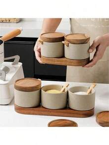 1/2/3 件陶瓷调味罐 - 带盖、勺子和托盘的调味容器 - 厨房盐和糖储存套装 - 时尚实用的台面配件，适用于家庭厨房和咖啡馆，用于储存盐、糖和香料