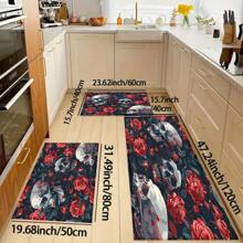 1 pieza Felpudo de entrada/baño/cocina/lavandería con estampado de esqueleto de Halloween y flores, de base de TPR y apariencia de lana sintética, para decorar el ambiente festivo, el hogar, fiestas, bodas y comedores