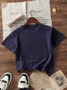 Boys & Teen Students' Casual Printed Navy Crew Neck Short Sleeve T-Shirt, Summer Top