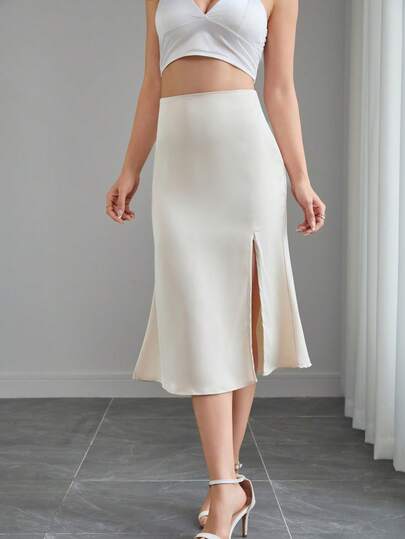 Women's High Waist Solid Color Satin Skirt, Suitable For Spring, Summer, Autumn And Winter, Side Slit Design With Invisible Zipper - Elegant, Minimalist, Versatile, Suitable For Christmas, Halloween, Easter, Teacher's Day, Casual Travel, Business, Evening Party And Other Occasions