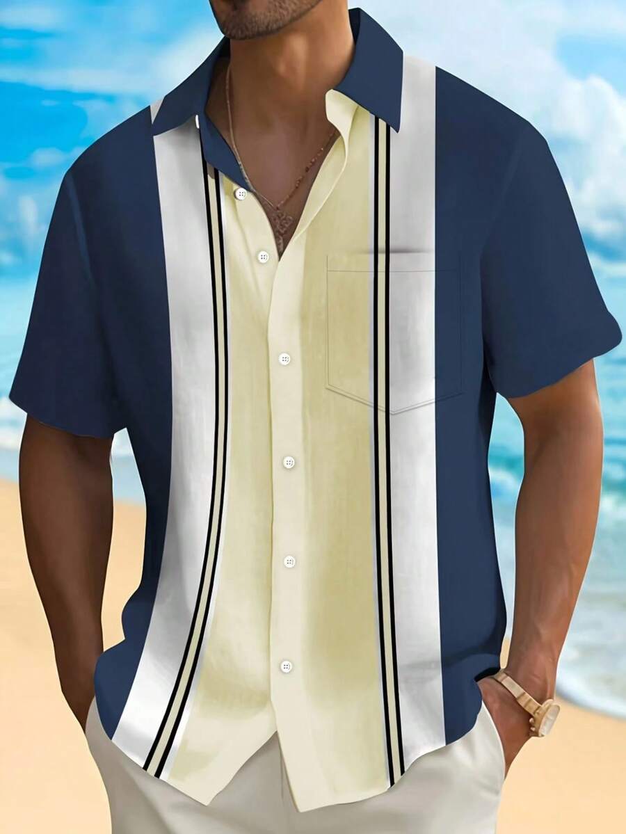Plus Size Men's Vertical Striped Short Sleeve Single-Breasted Casual Shirt - Blue - View 1