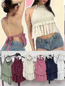 Top de mujer con  Brillo  Fiesta    Bajo con volante    diario para    verano talla unica entre s/m - Crema - Ver 5