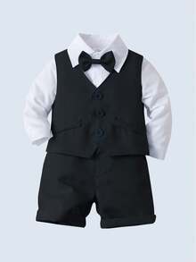 BOARNSEORL 3pcs Baby Boys Gentleman Outfit - White Shirt With Bow Tie And Vest, Shorts, Fashionable And Handsome For 1st Birthday, Full Moon Party, Outdoor Wedding, Page Boy Attire - Black - View 9