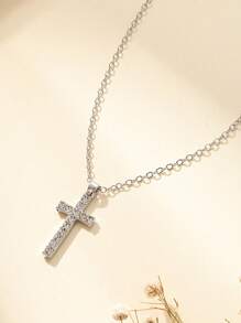 1 Rhinestone-Decorated Silver Cross Necklace Unisex Pendant Necklace, Unisex Necklace Decoration