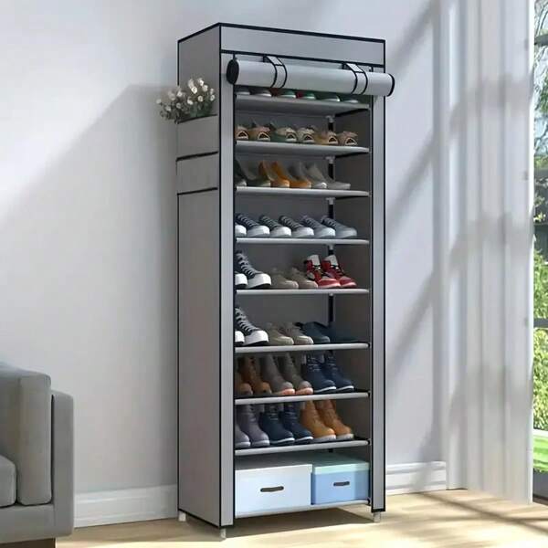 Vertical Narrow Shoe Rack Storage Rack, High Shoe Rack Suitable For Wardrobe Entrance, 10 Layers Non-Woven Fabric Cover Shoe Rack Can Accommodate 20-22 Pairs Of Free Standing Shoe Cabinets, With Dust Cover, Gray