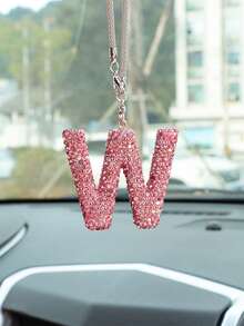 1pc Car Accessories Interior Decor, Full Diamond Pink Letter Car Rearview Mirror Decoration Hanging Ornament - Pink - View 22