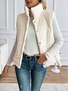 Women's Stand-Up Collar Vest, Sleeveless Button-Down Cotton Jacket, Quilted, With Pockets, Casual And Versatile, Suitable For Ladies' Autumn And Winter Wear