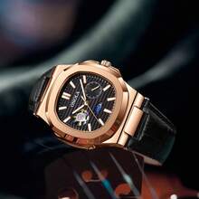 ONOLA 3855 简约时尚风格男士自动机械表商务休闲风格，带有太阳、月亮和星星图案，皮革表带 - 送给他一份时尚的礼物，奢华手表 | 时尚金属饰面 - A - 查看 6