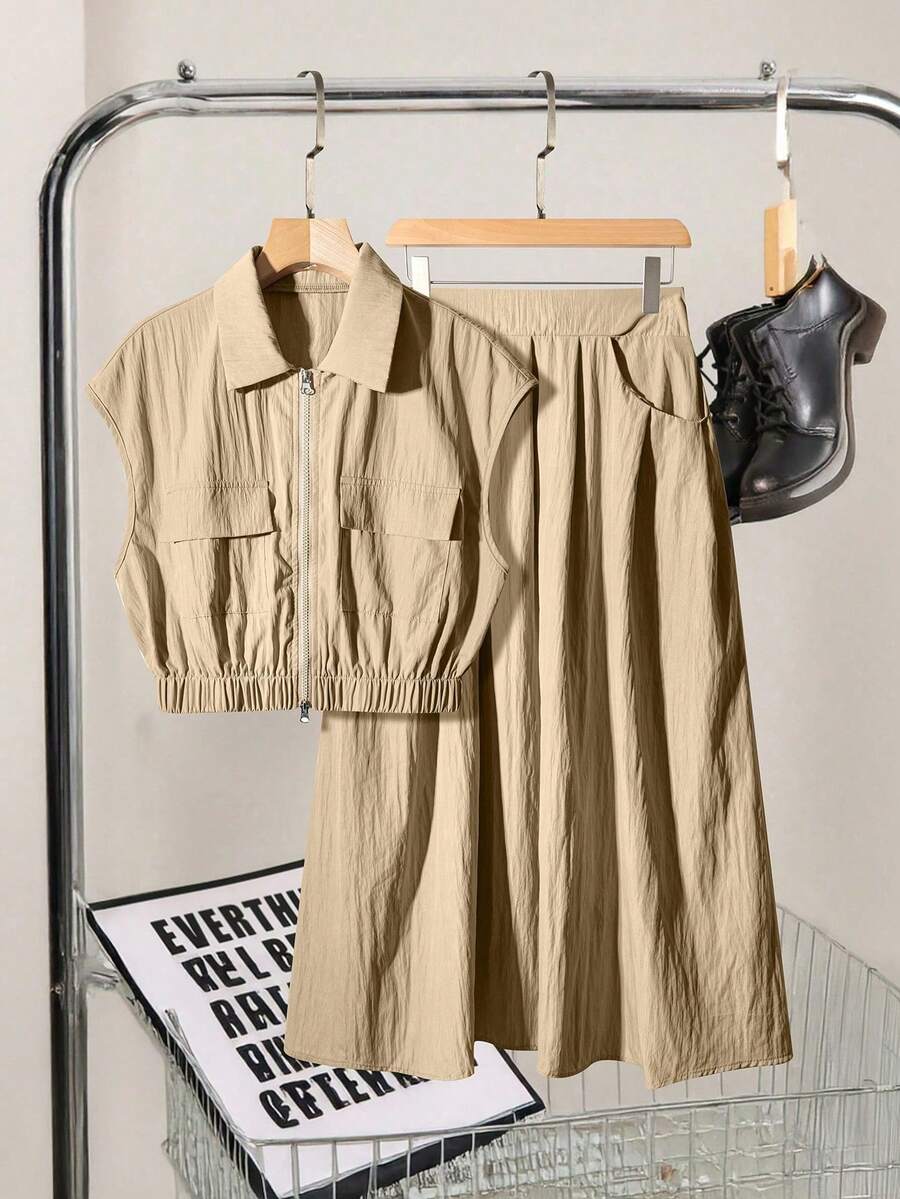 1 Stück Große Größen Kleidung für Damen, Sommer Lässig Gewebe Textur Kurzarm Jacke mit loser Kordelzug Kragen und sportlich modischer A-Linie Minirock für Damen