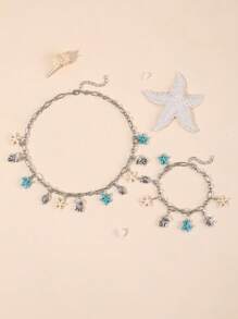 2pcs/Set Starfish & Sea Turtle Necklace And Bracelet Set