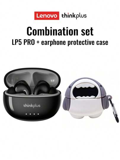 Lenovo 联想 LP5PRO 蓝牙耳机和保护壳组合套装，半入耳式，立体声，高清语音通话带麦克风，音乐，游戏，运动，低延迟，超长电池寿命，硅胶耳塞，被动降噪，无线耳塞