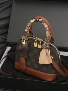 1 件女士时尚花卉印花撞色手提包，字母印花贝壳形拉链斜挎包，配有可拆卸肩带，可容纳手机、化妆品、零钱包，带围巾装饰，适合购物、户外、旅行 - 彩色 - 查看 11