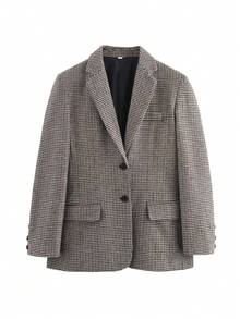 Blazer de mujer estilo pata de gallo de manga larga con bolsillos, chaqueta de entretiempo