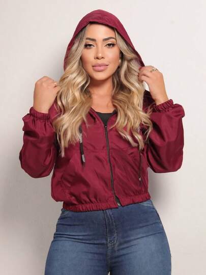 Jaqueta corta vento REBECA com capuz bolsos e cordão tecido tactel