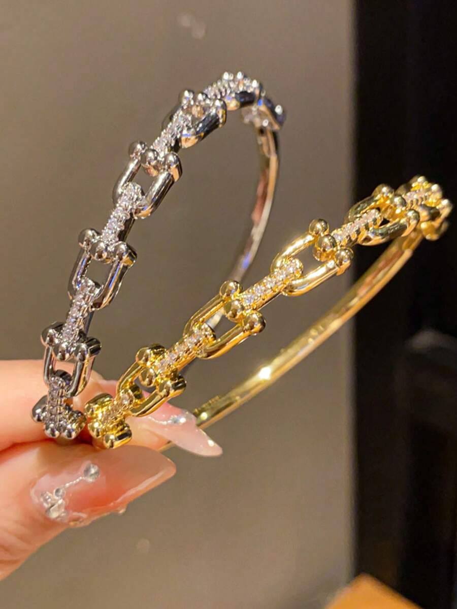 1 件 18K 镀金锆石字母扣手链，奢华复古风格女士配饰 - 馬蹄手鐲 - 查看 1