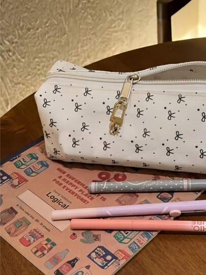 1pc Cute Large Capacity Cosmetic & Stationery Storage Bag, Bow Decor Pencil Case,Pencil Pouch,School Bag,School Supplies,Back To School