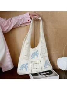 女士手提包、节日必备品、节日必备品、钱包、女士沙滩包、女士斜挎包、女士化妆包、旅行配件、沙滩包、女士钱包和包包、旅行必备品、女士包包、夏季新款女士日常使用轻便手提包海龟图案镂空针织钩针沙滩购物袋、夏季包、节日、度假，与钩针套装完美搭配