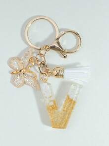 可爱字母钥匙扣，白色钥匙扣，金色箔印大写字母树脂钥匙圈吊坠，蝴蝶流苏挂饰，时尚钥匙扣，女士礼物，钱包包包装饰，父亲节、母亲节、生日、感恩节、圣诞节礼物，创意礼物，带证件套挂绳，汽车配件，包包挂饰 - 白色 - 查看 11
