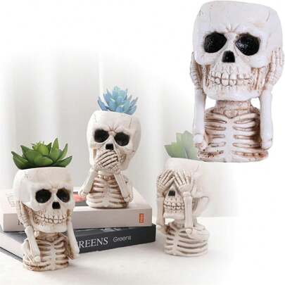 1 Stück kleine Blumentöpfe aus Harz mit einzigartigem Skelett-Statuen bösen Schädel Design für Pflanzen drinnen und Outdoor