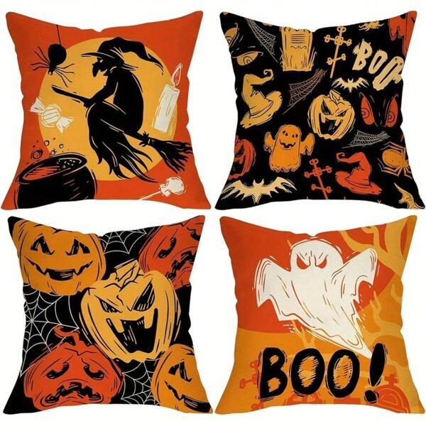 4pcs Halloween Decoration Pillow Covers, BOO Ghost, Witch, Pumpkin Designs, Washable Zippered Closure, Halloween Gift (No Filling)