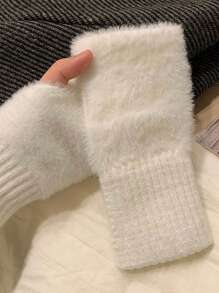 1 Paar einfache Plüsch-Patchwork-Strickhandschuhe, stilvolle, elegante, weiche und warme fingerlose Handschuhe für Herbst und Winter, kältebeständig, mit elastischem Handgelenk