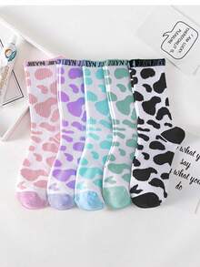 5 Pairs Cow Stripe Simple Comfortable Crew Socks - Fashionable Versatile Mid-Calf Socks, Fall - Multicolor - View 1