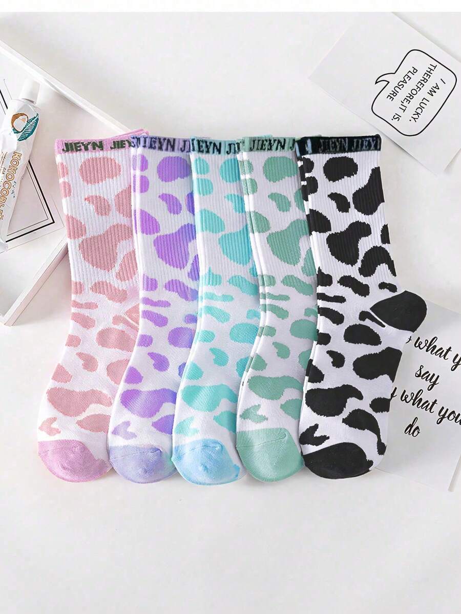 5 Pairs Cow Stripe Simple Comfortable Crew Socks - Fashionable Versatile Mid-Calf Socks, Fall - Multicolor - View 1