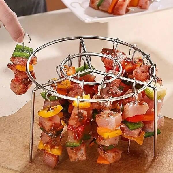 1 Set Stainless Steel Air Fryer Skewer Rack, DIY BBQ, Includes 24pcs Skewers, Suitable For Meat & Vegetables, Fits 3.5qt-5.5qt Air Fryer, Oven & Pressure Cooker, No Turning Required, Air Fryer Accessory
