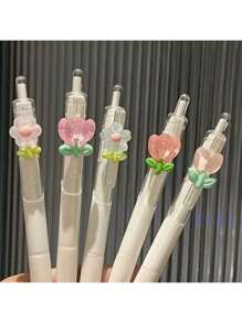 5pcs/Set Lovely Flower Quick Drying Gel Pens. Random Color & Pattern. Clear Bucket Flower Gel Ink Roller Pens - Fine Tip Plastic Pens Ideal For Students, Girls, And Office Use,School Supplies,Back To School