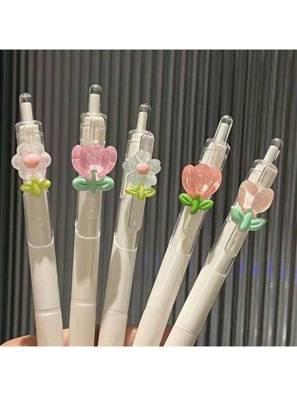 5pcs/Set Lovely Flower Quick Drying Gel Pens. Random Color & Pattern. Clear Bucket Flower Gel Ink Roller Pens - Fine Tip Plastic Pens Ideal For Students, Girls, And Office Use,School Supplies,Back To School