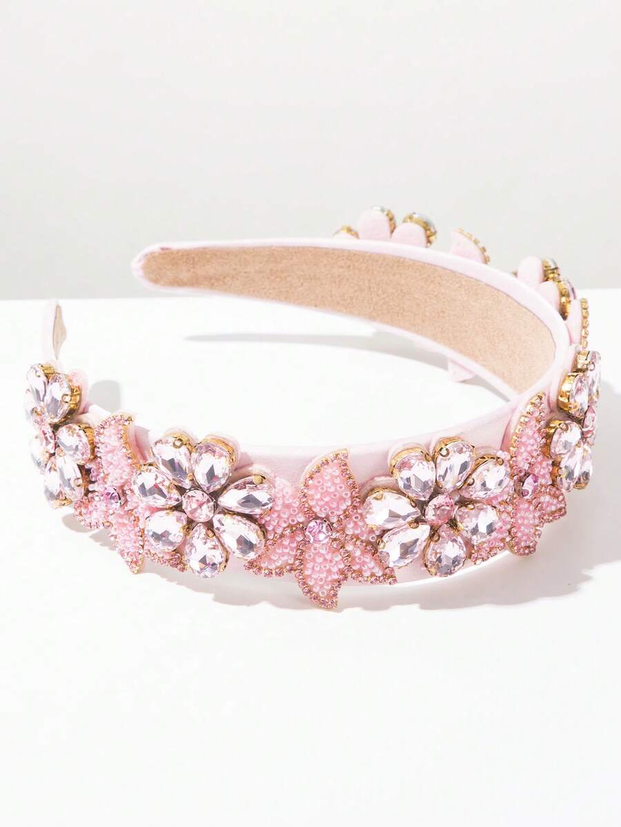 1pc Fashion Solid Color Fabric Headband, Retro Baroque Shiny Gemstone Flower Decor Headpiece, Suitable For Parties, Street Style Wear Hairband Beauty Home Hair Accessories - Pink - View 1
