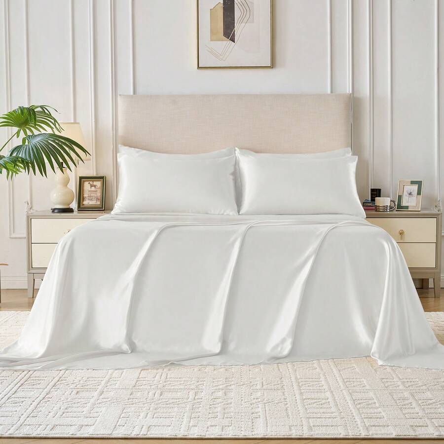6pc Lux Decor Fitted Bed Sheets Sets, Soft Deep Pockets With Elastic Corner Straps, Easy-Fit Breathable Sheets, Hotel Quality Luxury Bedding Linen Sheets Sets For Full Queen King California King Size Bed, Perfect Bedding Sets Gift - 白色 - 查看 1